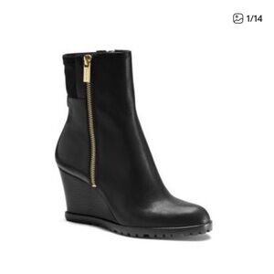 MICHAEL KORS Aileen Vachetta Wedge Boots in Black with Gold Zipper Detail